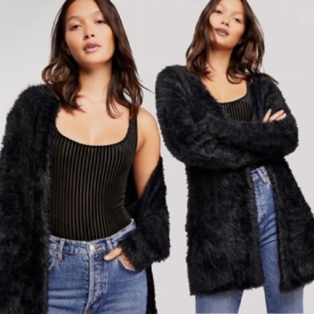 Free People Black Shaggy Faux Fur Open Front Cardigan Jacket S